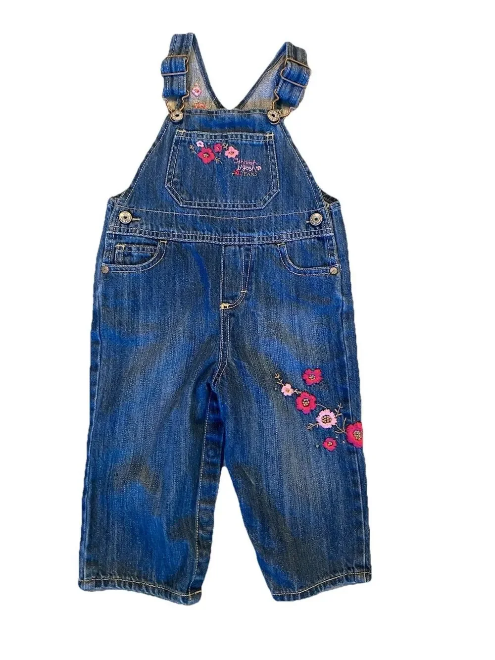 OshKosh B’gosh Toddler Girls Denim Overalls Blue Jean Floral Embroidered 18 Mo